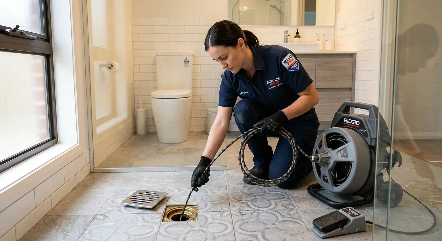 Technician clearing a bathroom floor drain for Drain Repair in Bay Harbor Islands